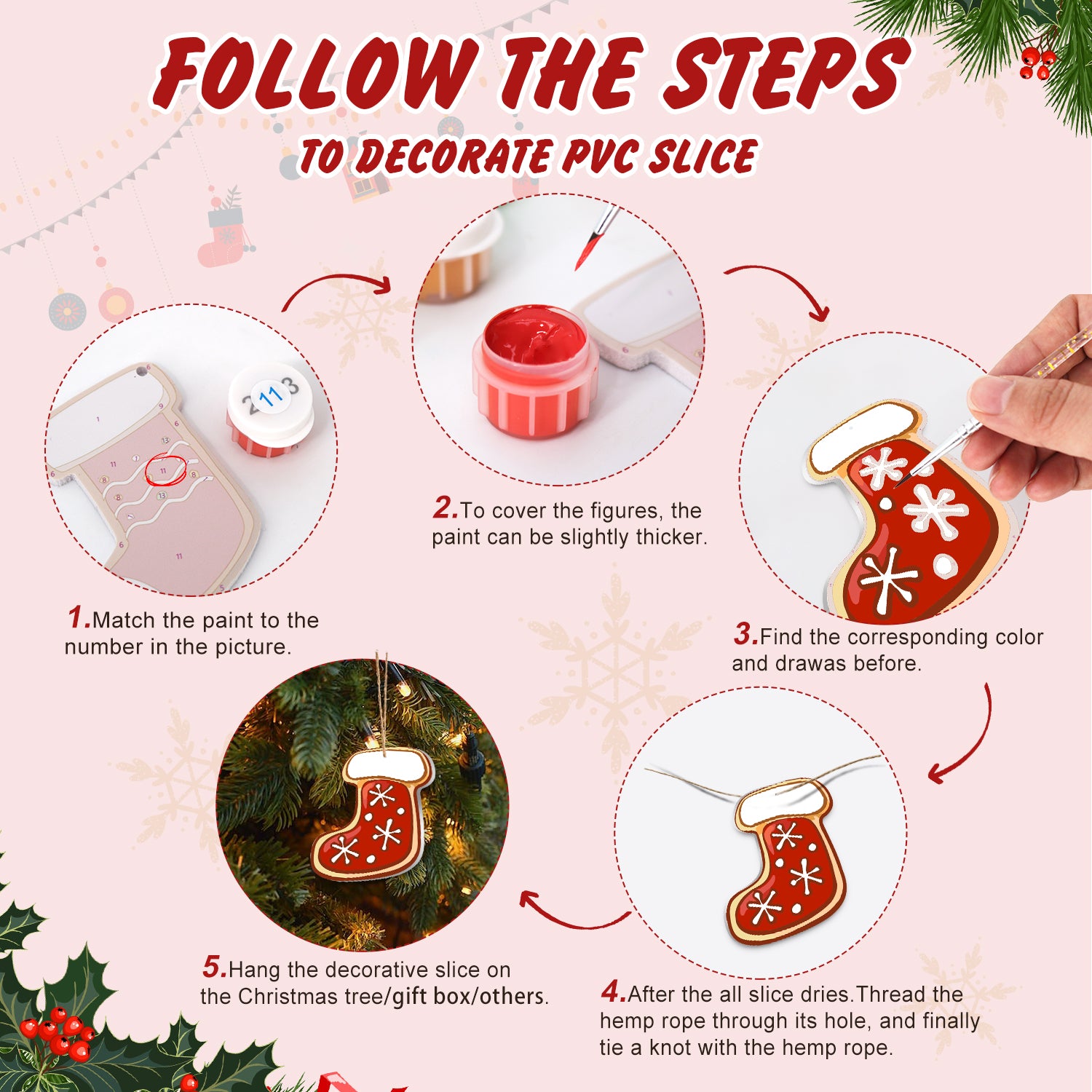 Step-by-step guide on how to decorate a PVC slice with Christmas-themed decorations.