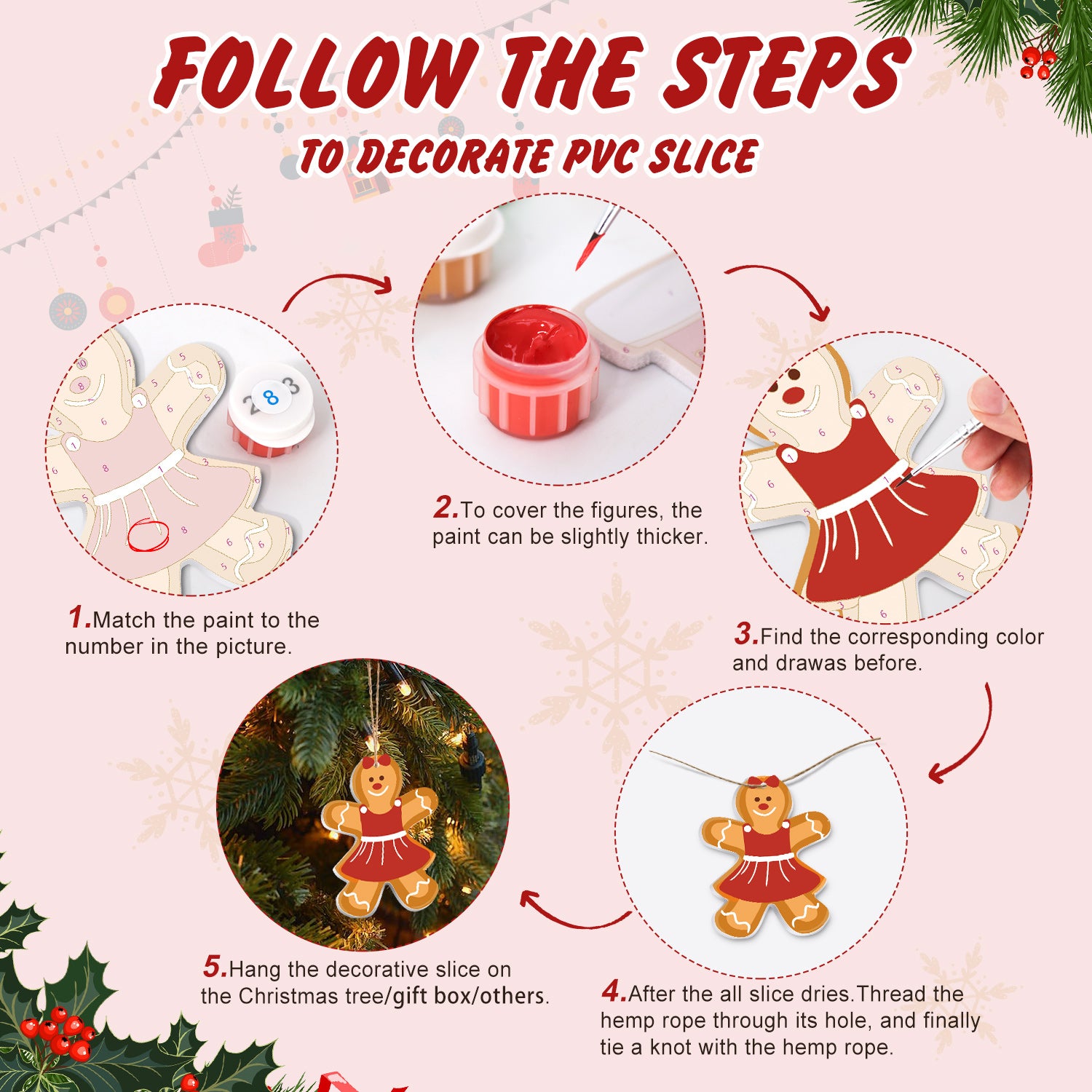 Step-by-step guide on how to decorate a PVC slice with Christmas-themed figures.