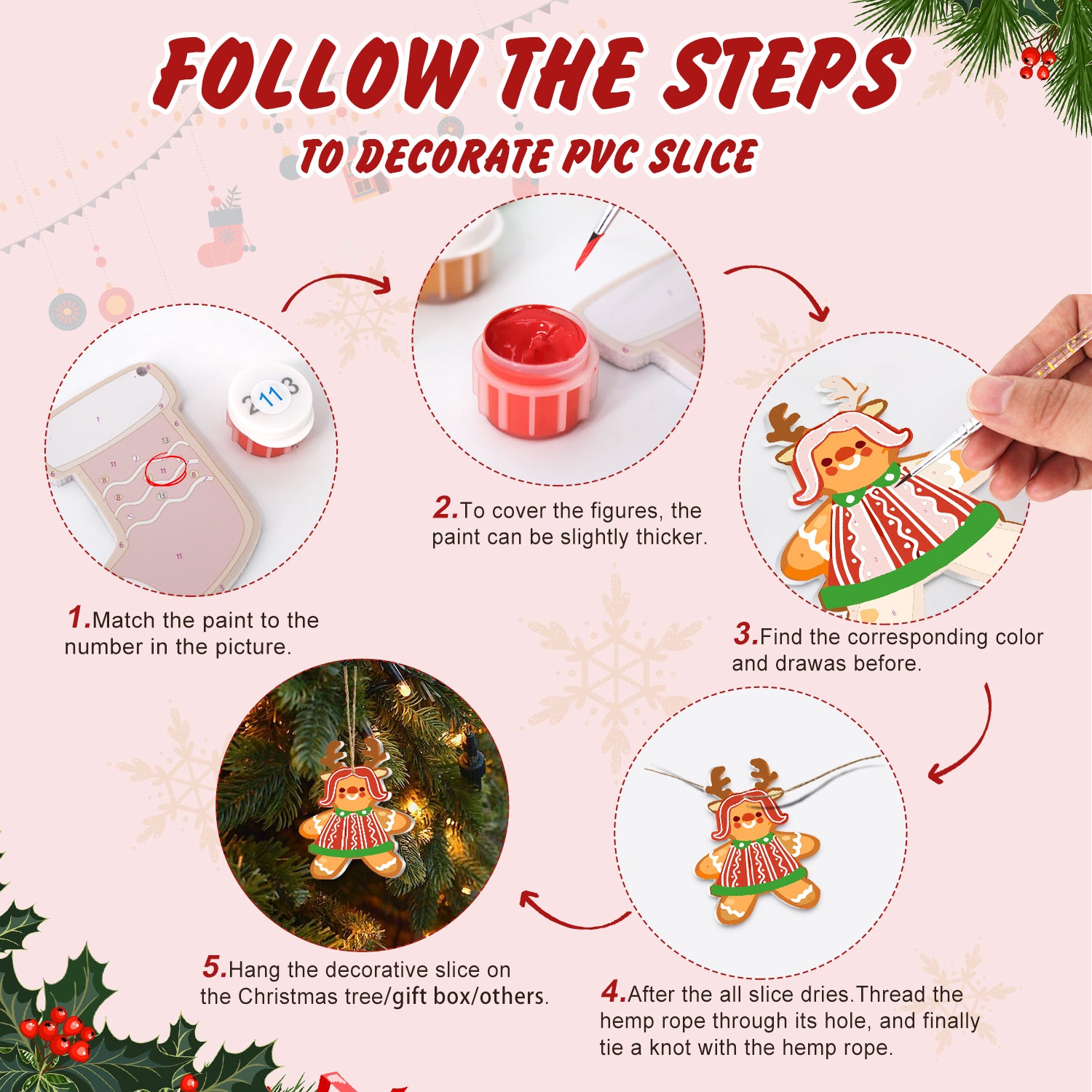Step-by-step guide on how to decorate a PVC slice with Christmas-themed figures.