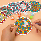 Mandala Magic Coasters with intricate mandala patterns reflecting famous landscape paintings elements.
