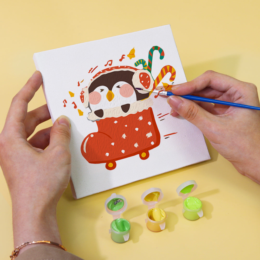 Cute penguin painting kit with winter landscape