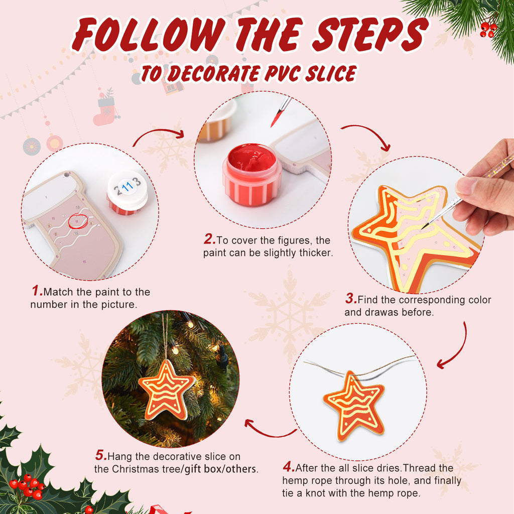 Step-by-step guide on how to decorate a PVC slice with star shapes, including painting and hanging.