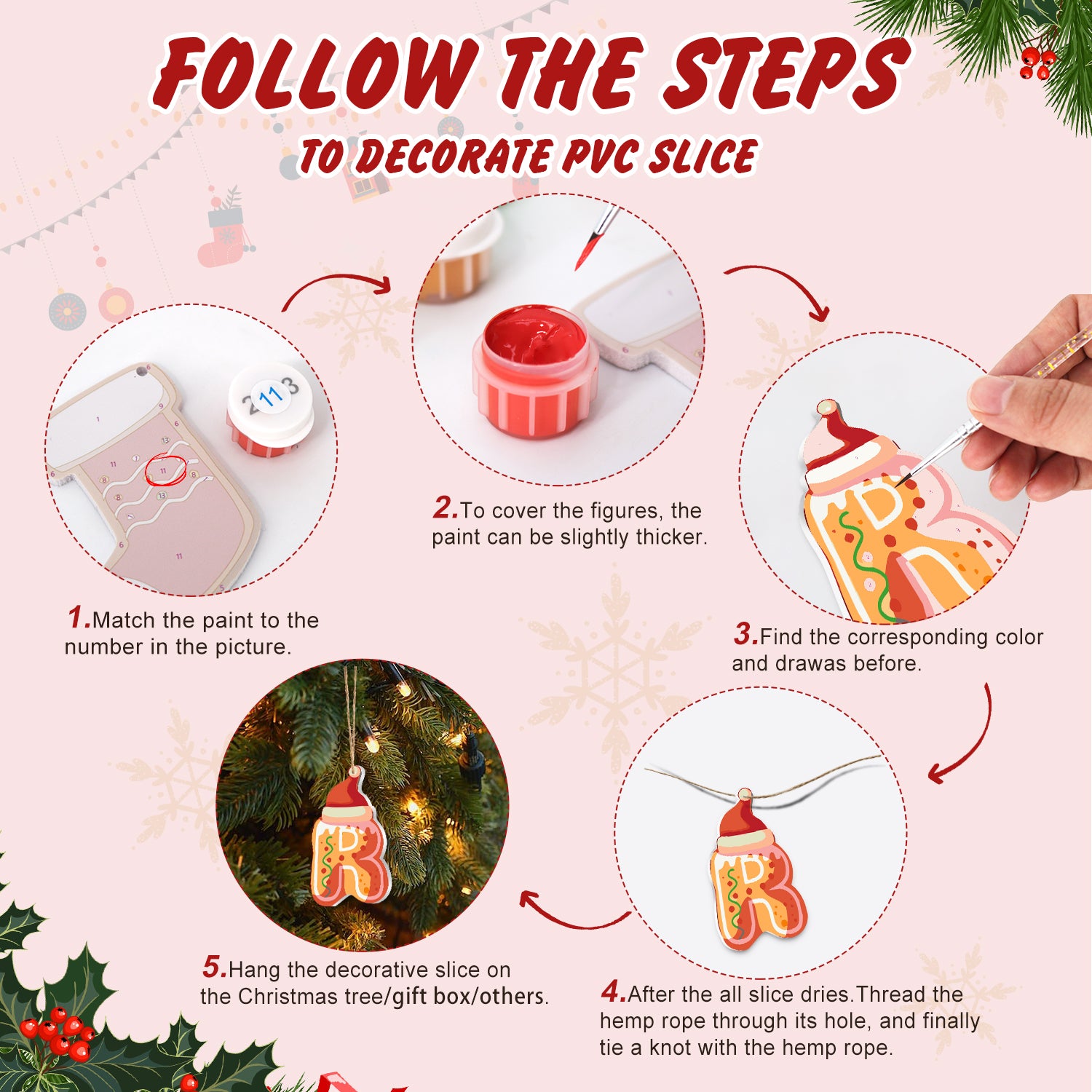 Step-by-step guide on how to decorate a PVC slice with Christmas-themed decorations.