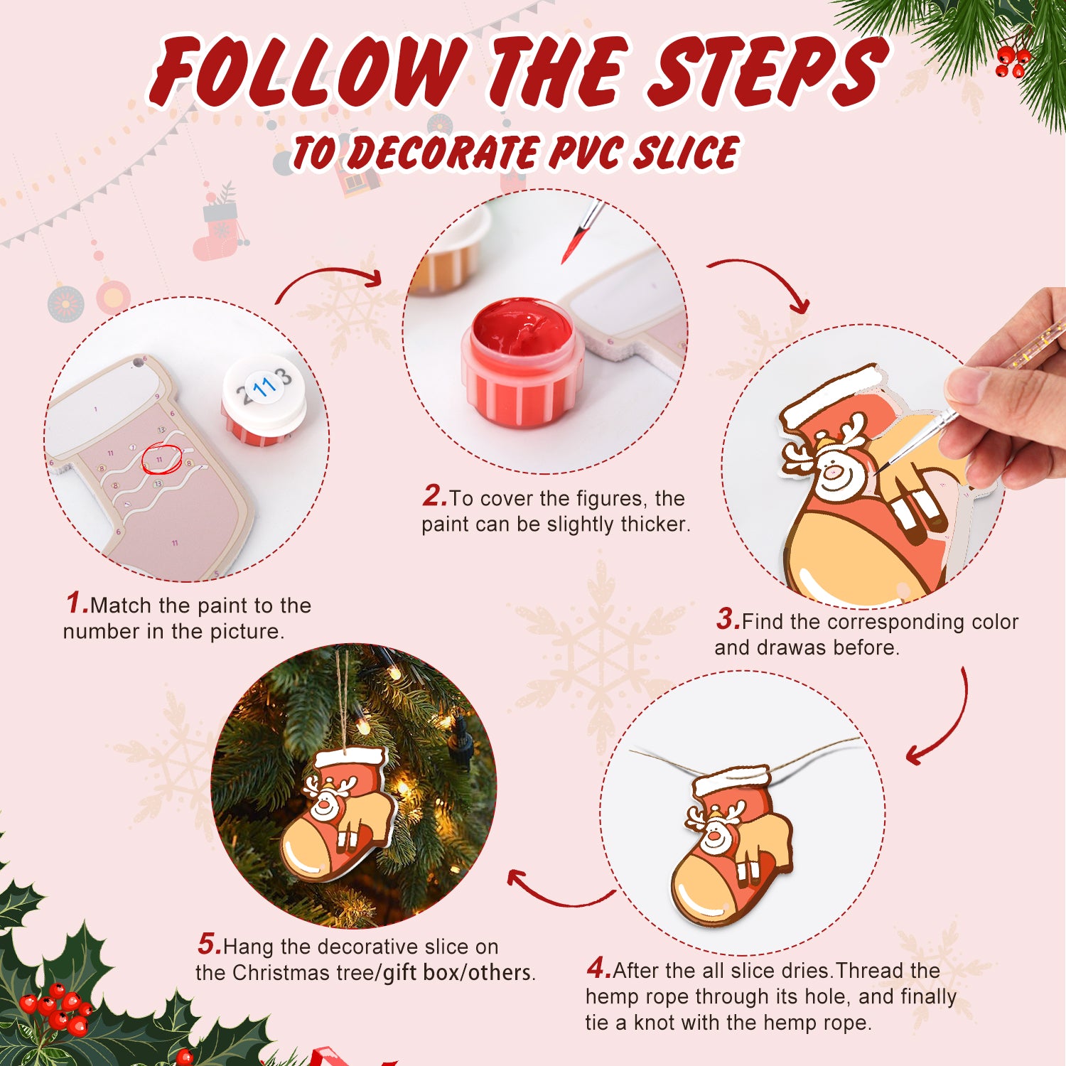Guide étape par étape pour décorer une tranche de PVC avec des figurines sur le thème de Noël.