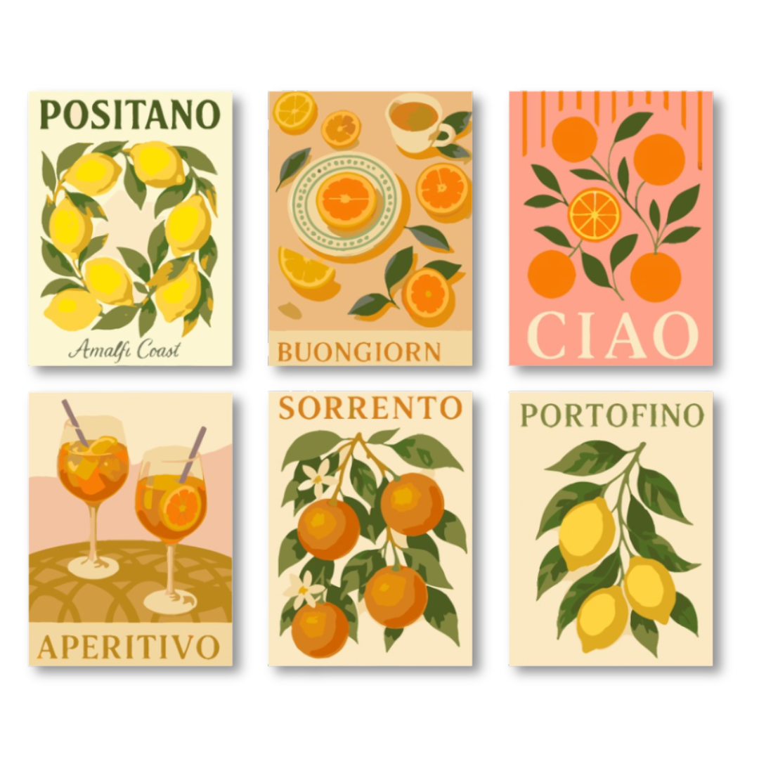 Set of six colorful posters featuring Italian-themed designs with lemons, oranges, and text.