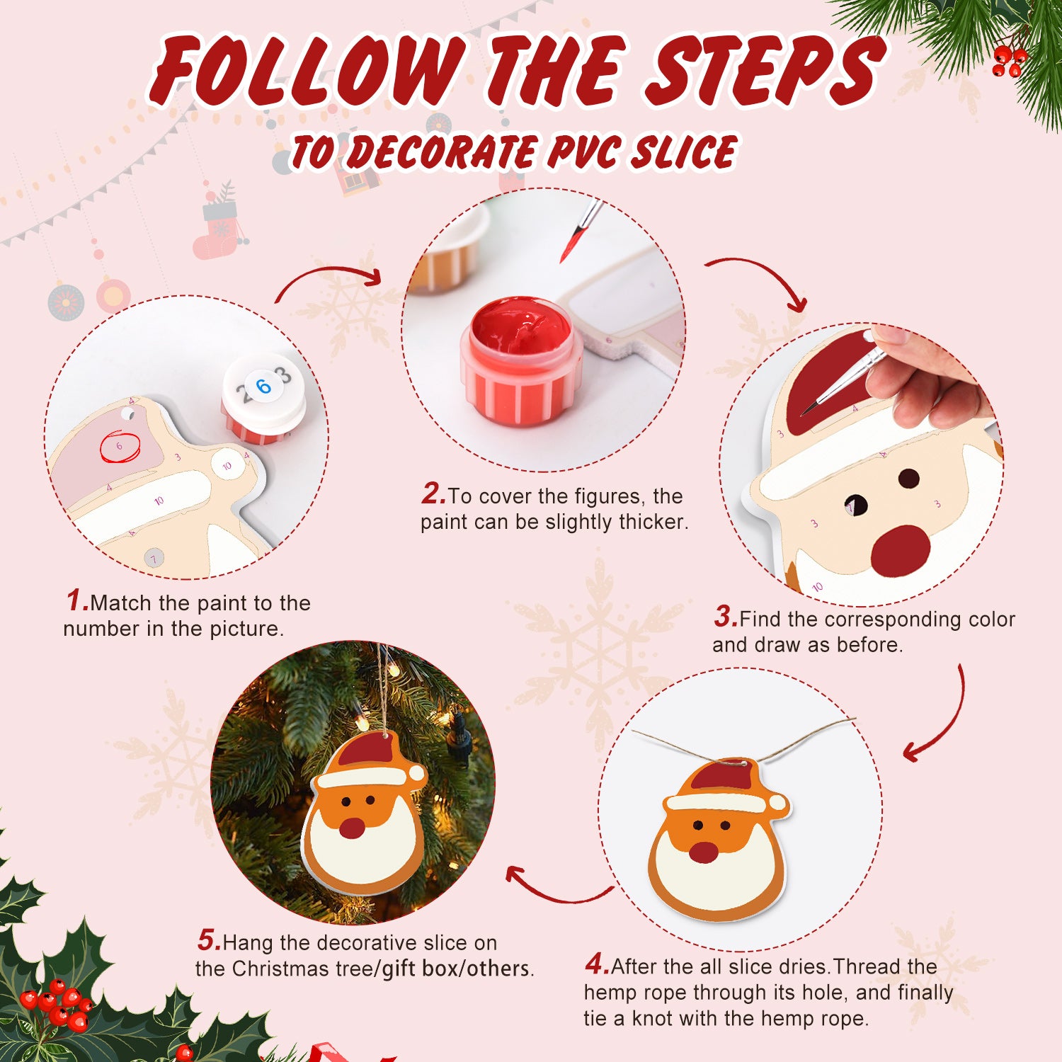 Guide étape par étape pour décorer une tranche de PVC avec des figurines sur le thème de Noël.
