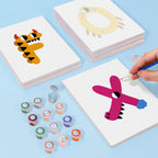 Children's art activity set with painted cards and paint pots on a blue background