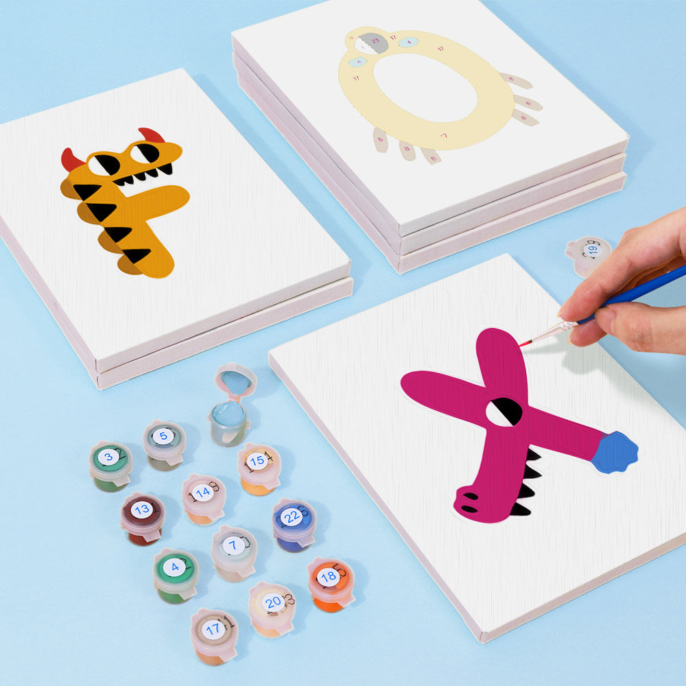 Children's art activity set with painted cards and paint pots on a blue background