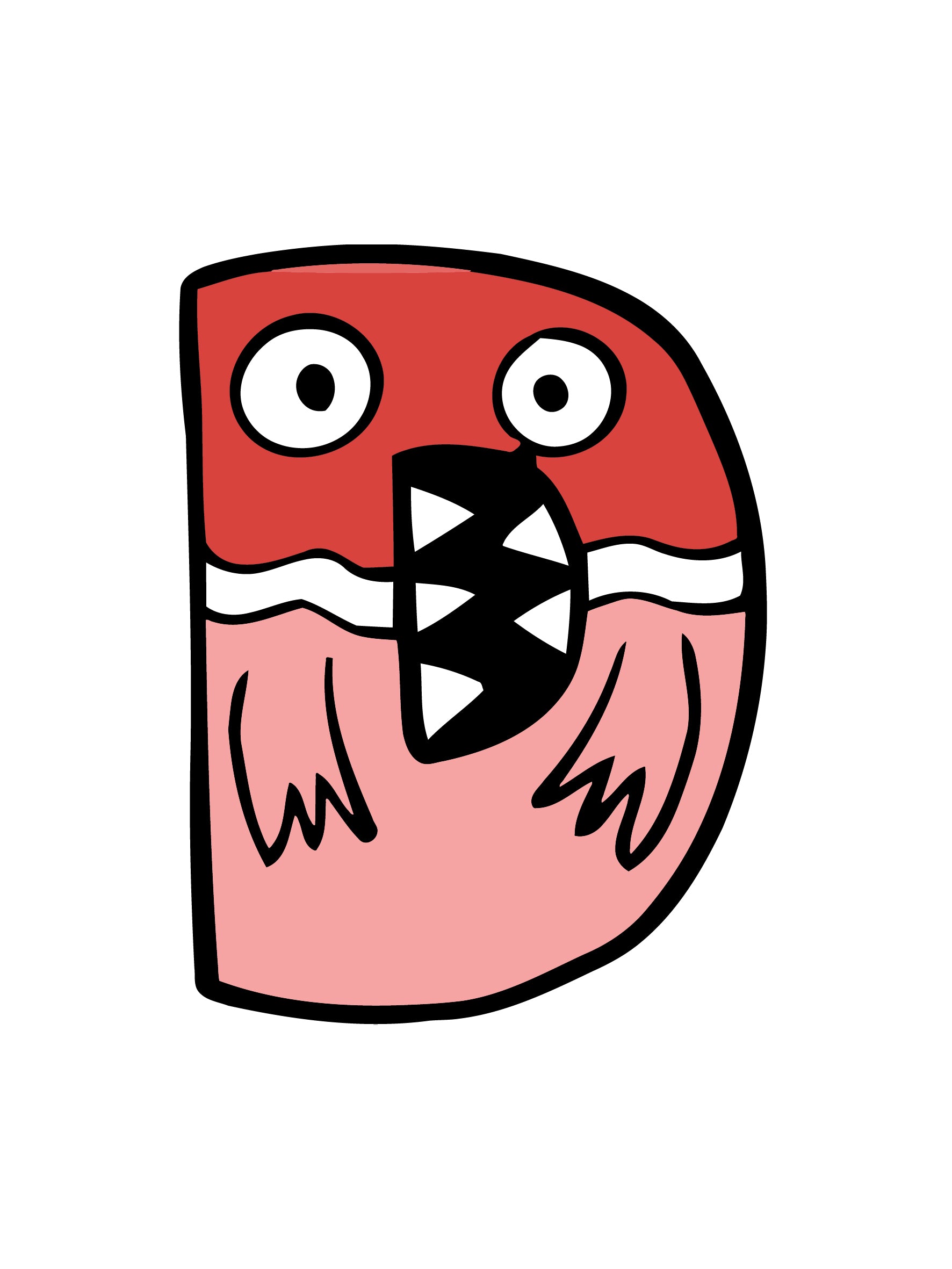 Cartoonish letter 'D' with a monster face on a white background