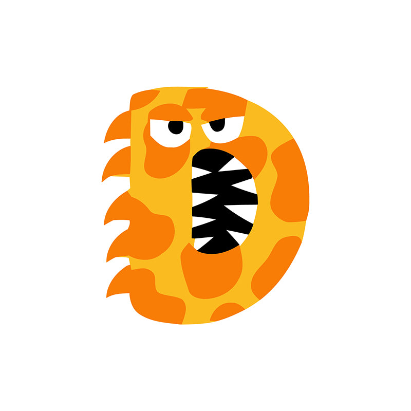 Illustration of a letter 'D' with a monster design on a white background