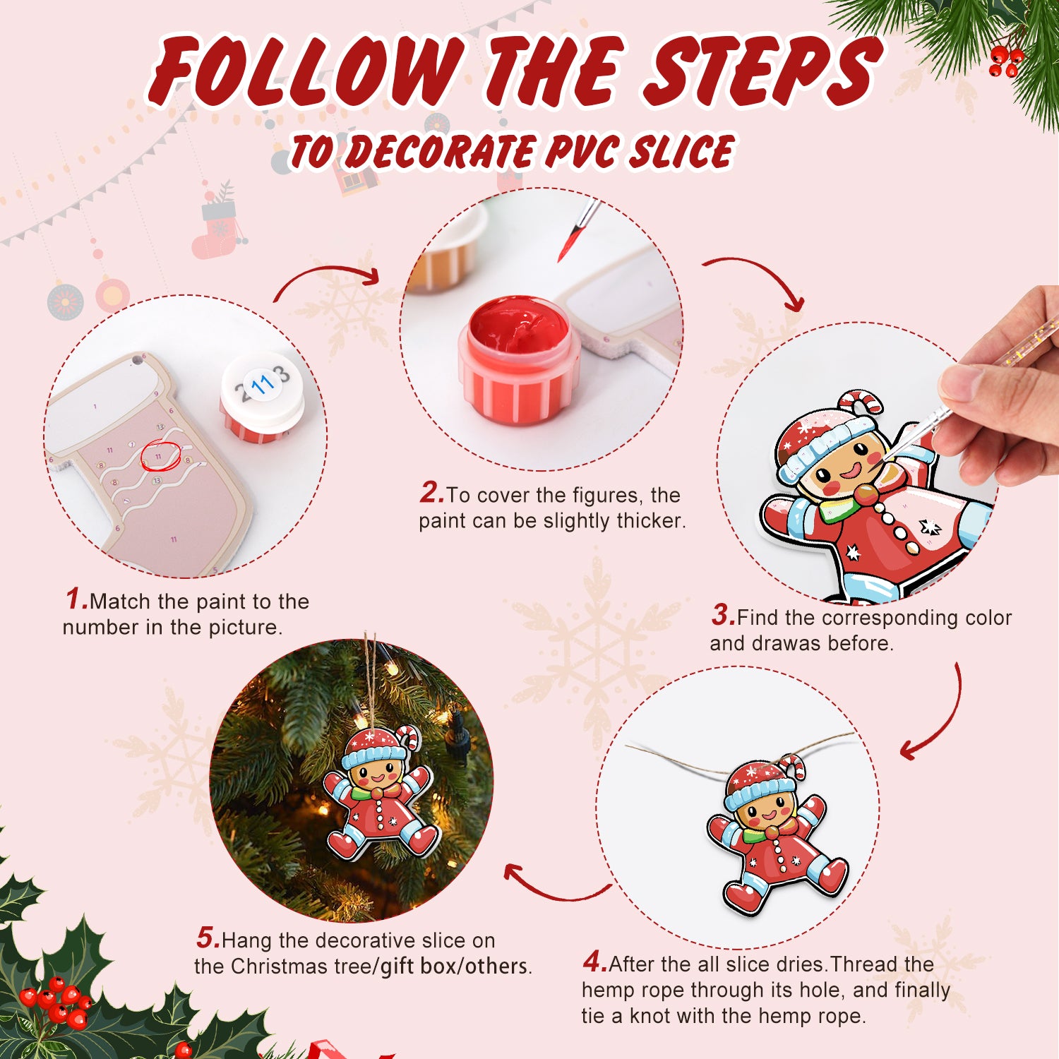 Step-by-step guide on how to decorate a PVC slice with Christmas-themed figures.