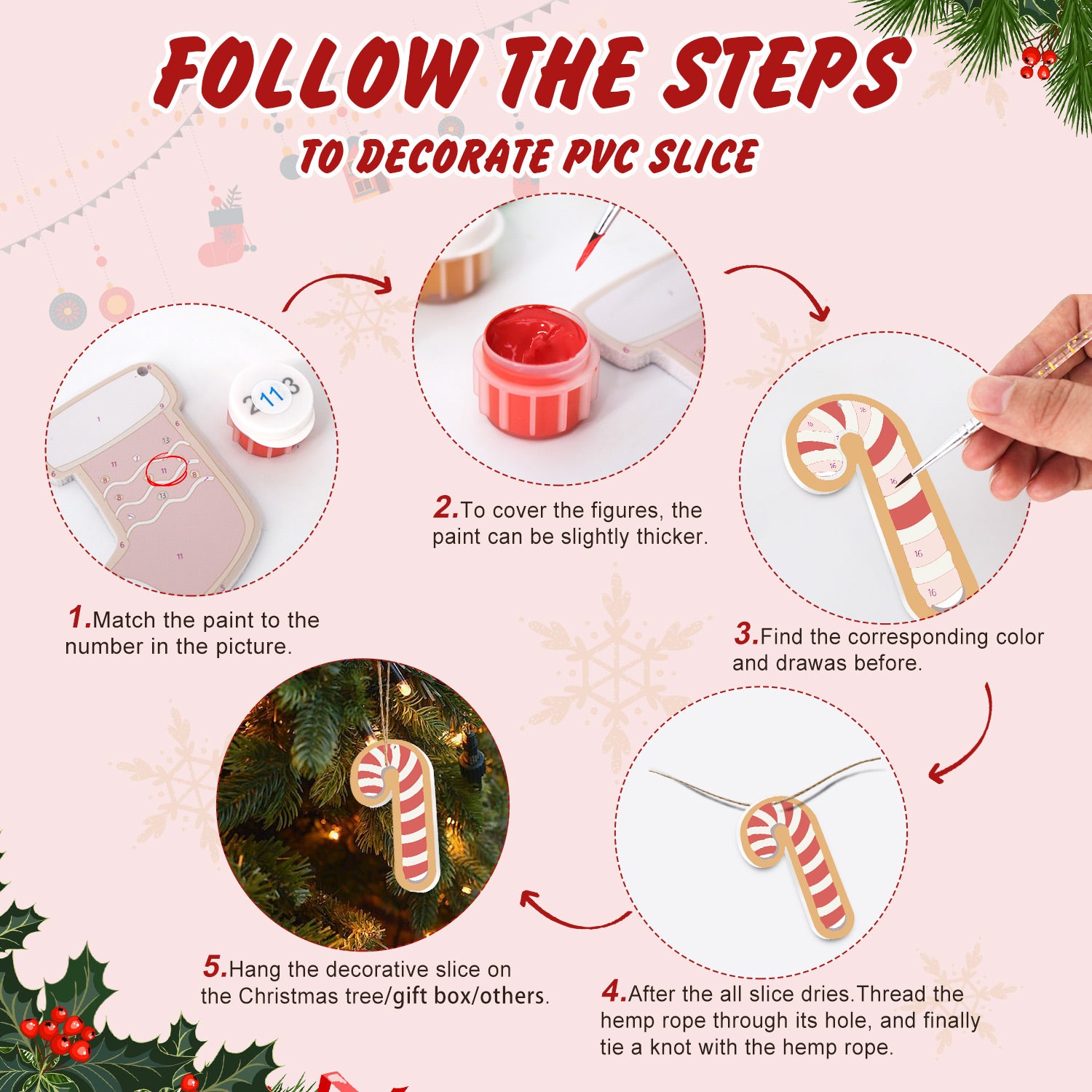 Step-by-step guide on how to decorate a PVC slice with candy cane designs, featuring paint application and final display.