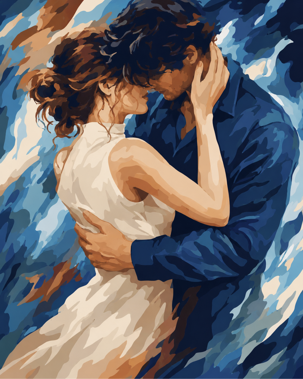 A couple in blue and cream clothing embracing with their foreheads touching.
