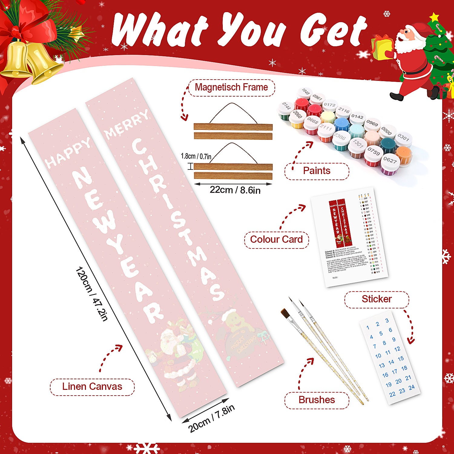 Christmas-themed paint-your-own sign kit with materials on a festive background