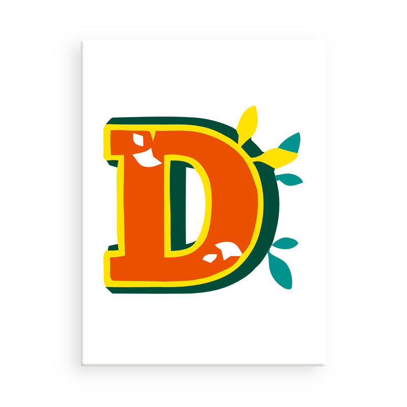 Colorful letter 'D' with decorative elements on a white background