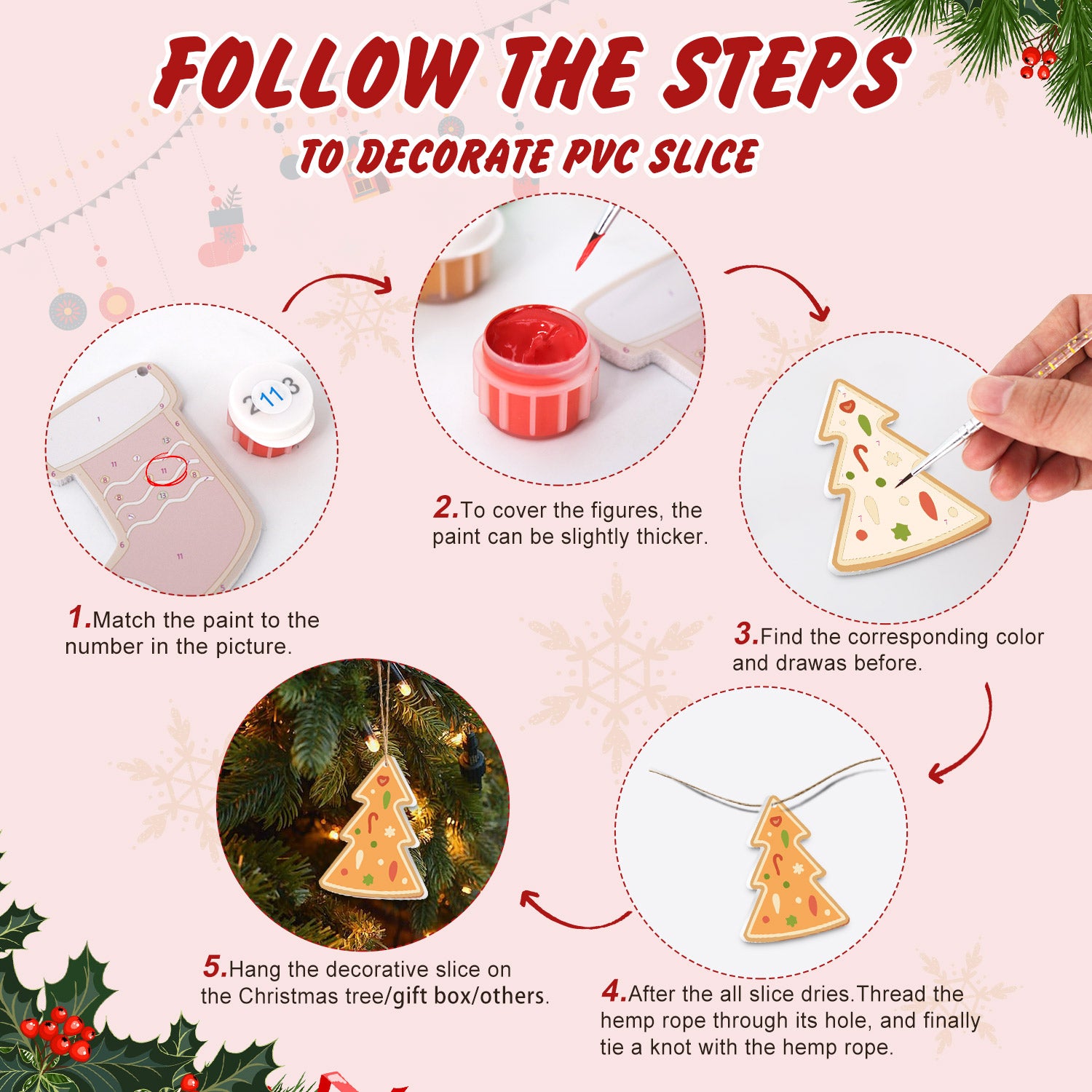 Step-by-step guide on decorating a PVC slice with Christmas-themed decorations.