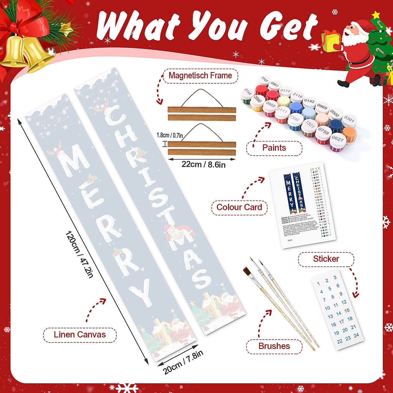 Christmas-themed paint-your-own sign kit with materials on a festive background