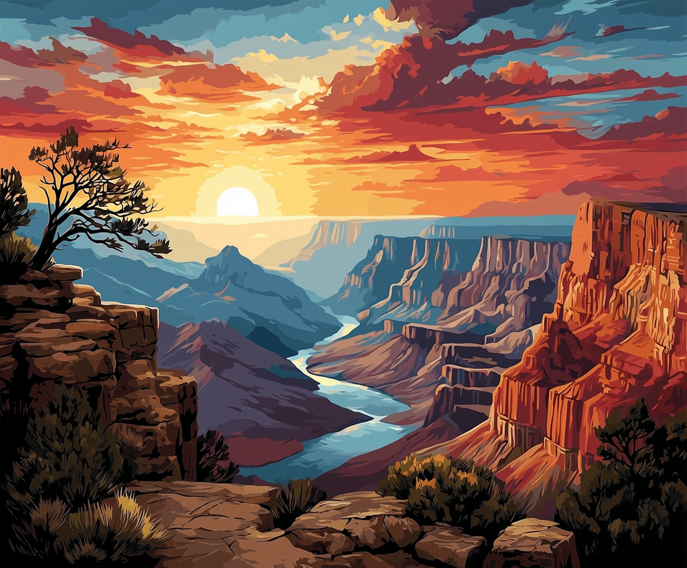 A paint by numbers kit depicting a fiery sunset over a winding river flowing through rugged cliffs, reminiscent of the Grand Canyon.
