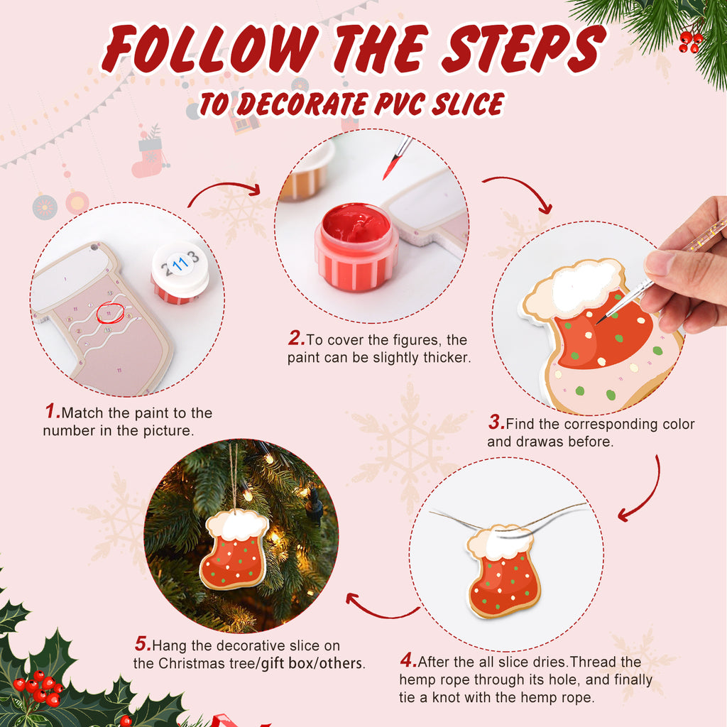 Step-by-step guide on how to decorate a PVC slice with Christmas-themed decorations.