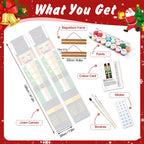 Christmas-themed paint kit with linen canvas, paints, brushes, and other supplies on a festive background.