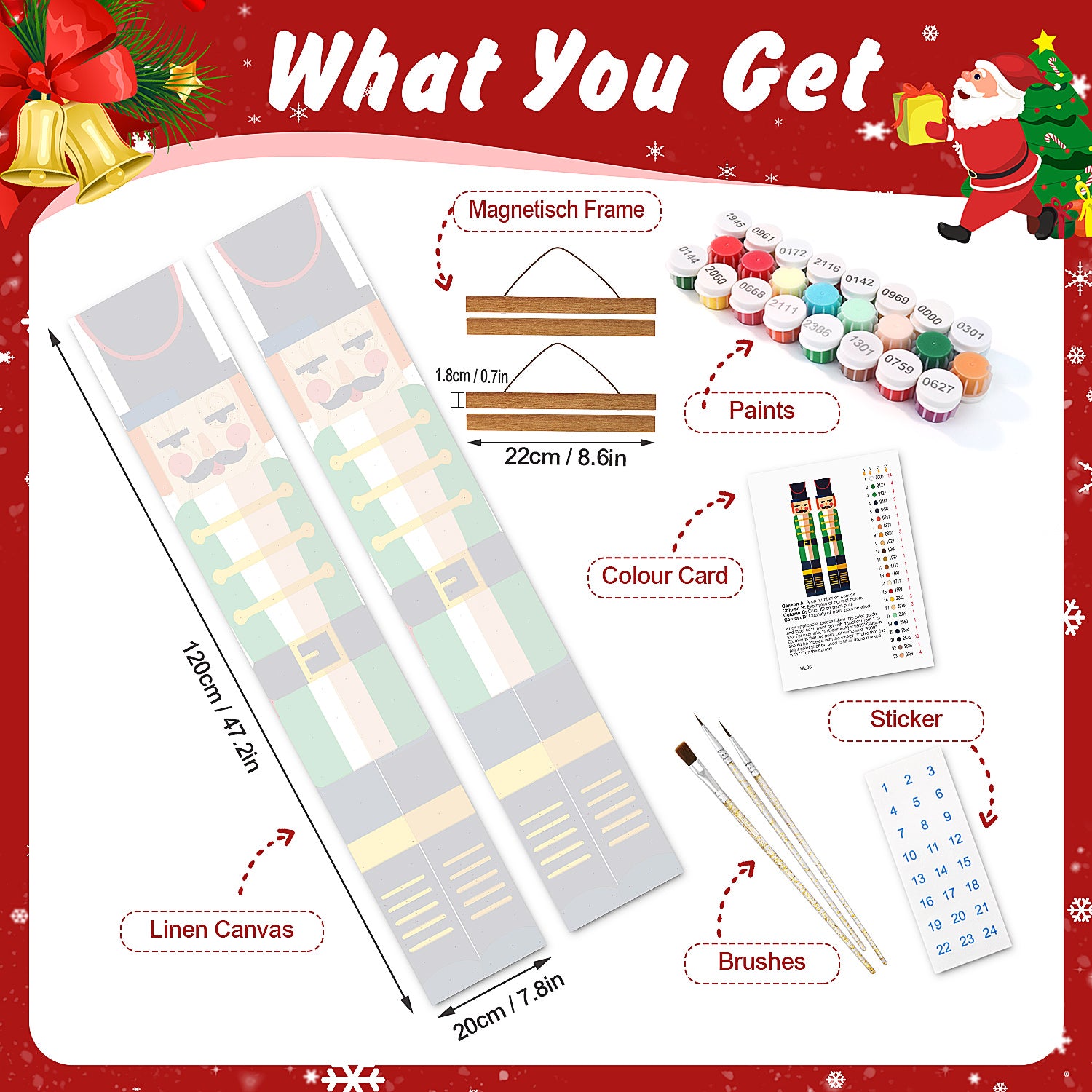 Christmas-themed paint kit with linen canvas, paints, brushes, and other supplies on a festive background.