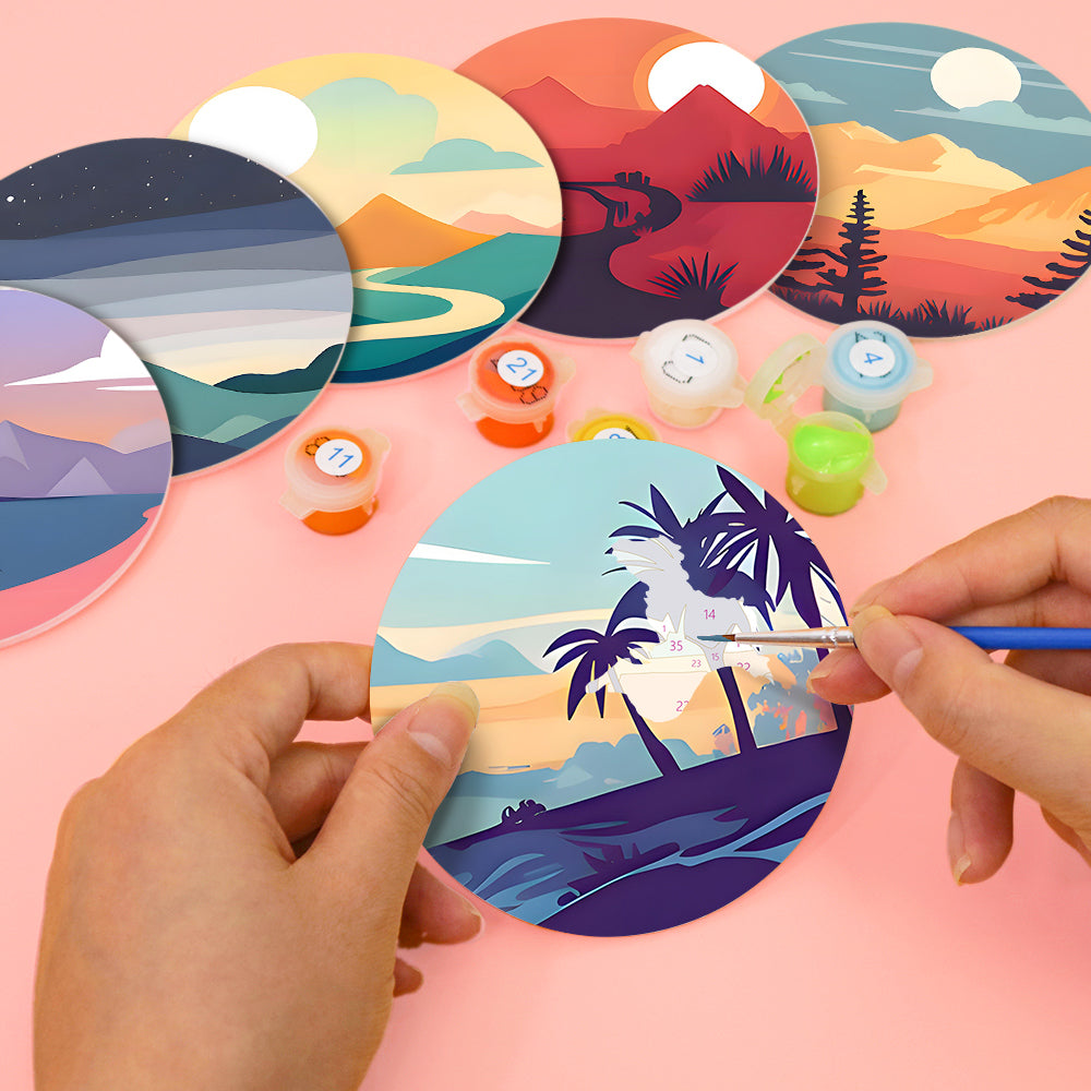 DIY paint by numbers dreamy landscapes, stress-relieving hobby craft for art lovers.