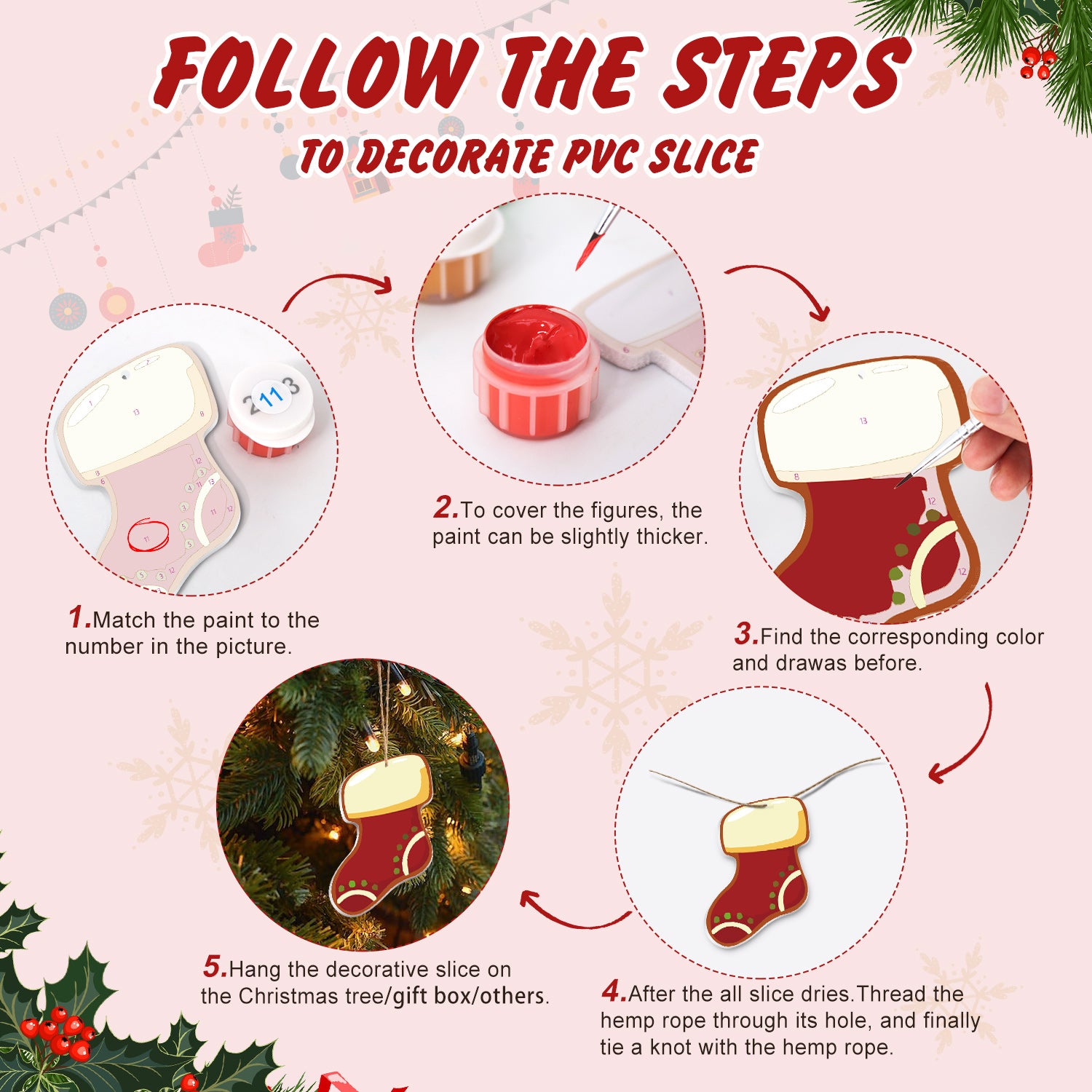Step-by-step guide on how to decorate a PVC slice with Christmas-themed decorations.