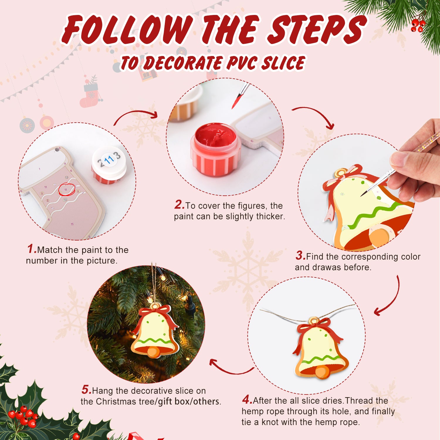 Guide étape par étape pour décorer une tranche de PVC avec des décorations sur le thème de Noël.
