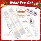 Christmas-themed paint kit with canvas, paints, brushes, and frame on a festive background.