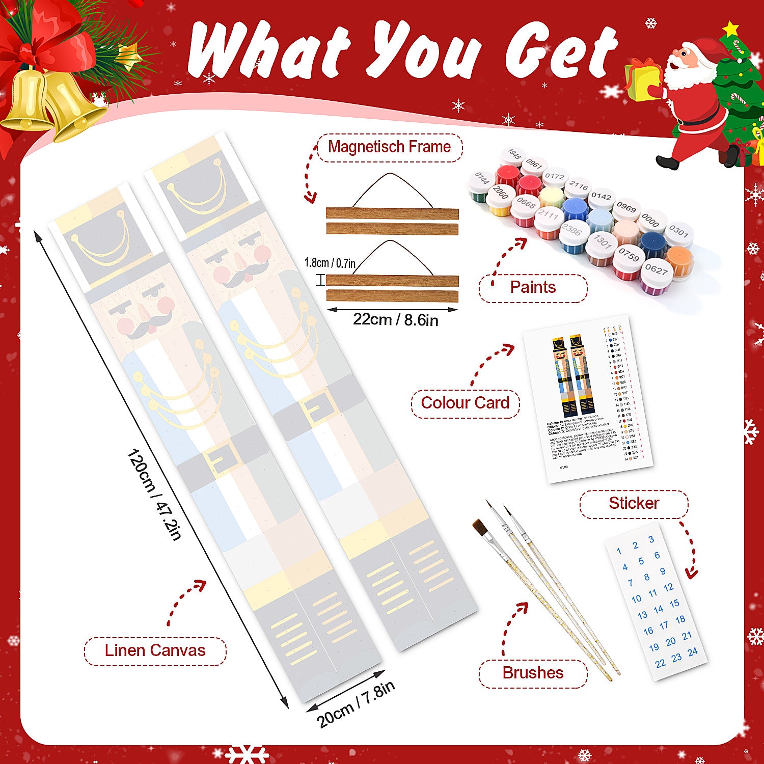 Christmas-themed paint kit with canvas, paints, brushes, and frame on a festive background.