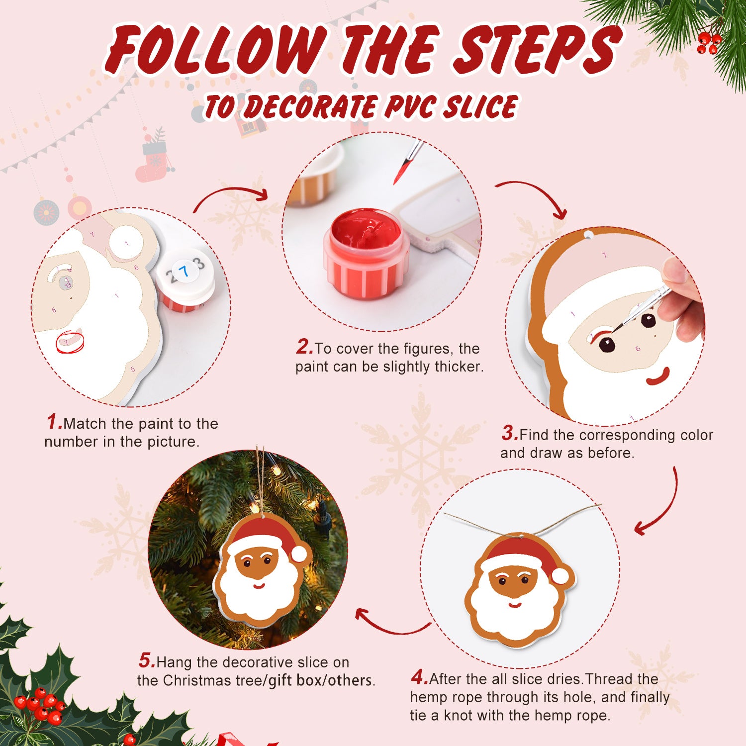 Step-by-step guide on how to decorate a PVC slice with Christmas-themed figures.