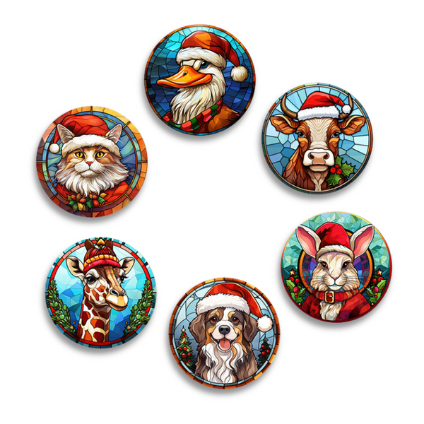 A set of six painted coasters, each featuring a different festive animal character in stained glass style.