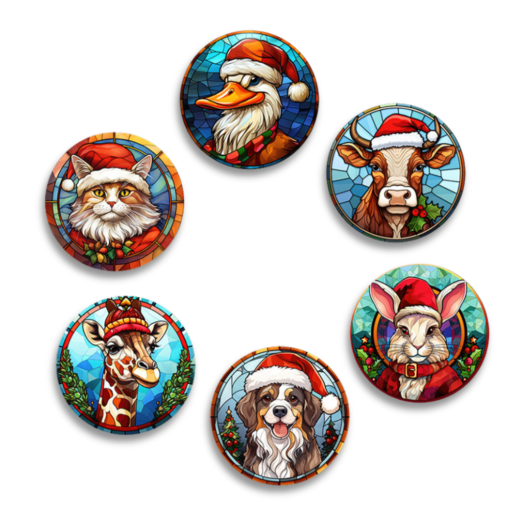A set of six painted coasters, each featuring a different festive animal character in stained glass style.