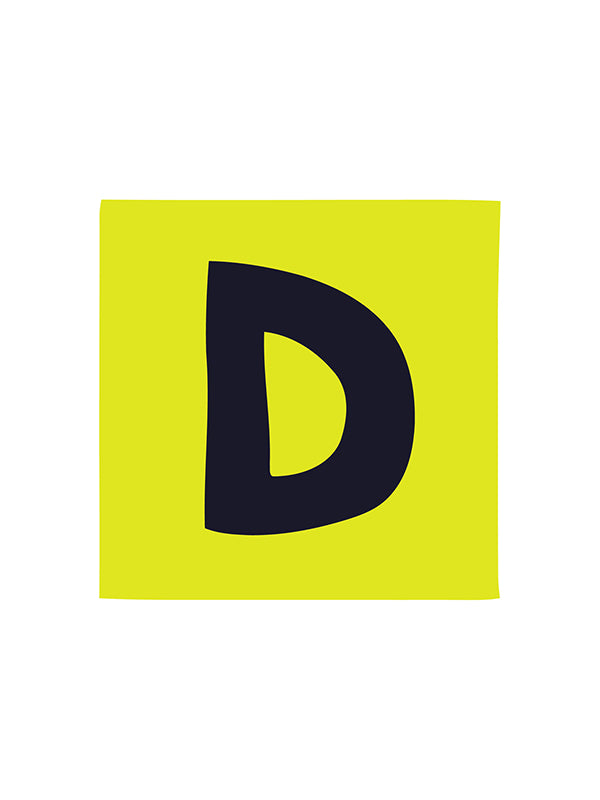 Yellow square with a black letter 'D' on a white background