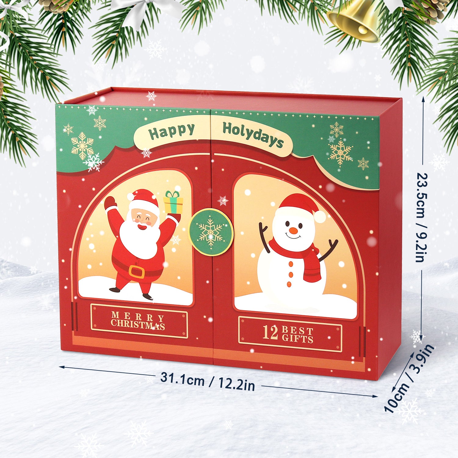 Christmas-themed gift box with Santa Claus and snowman illustrations, surrounded by festive decorations.