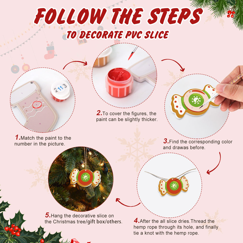 Step-by-step guide on how to decorate a PVC slice with Christmas-themed decorations.