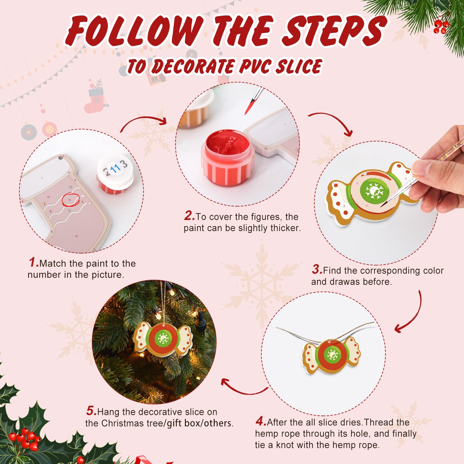 Step-by-step guide on how to decorate a PVC slice with Christmas-themed decorations.