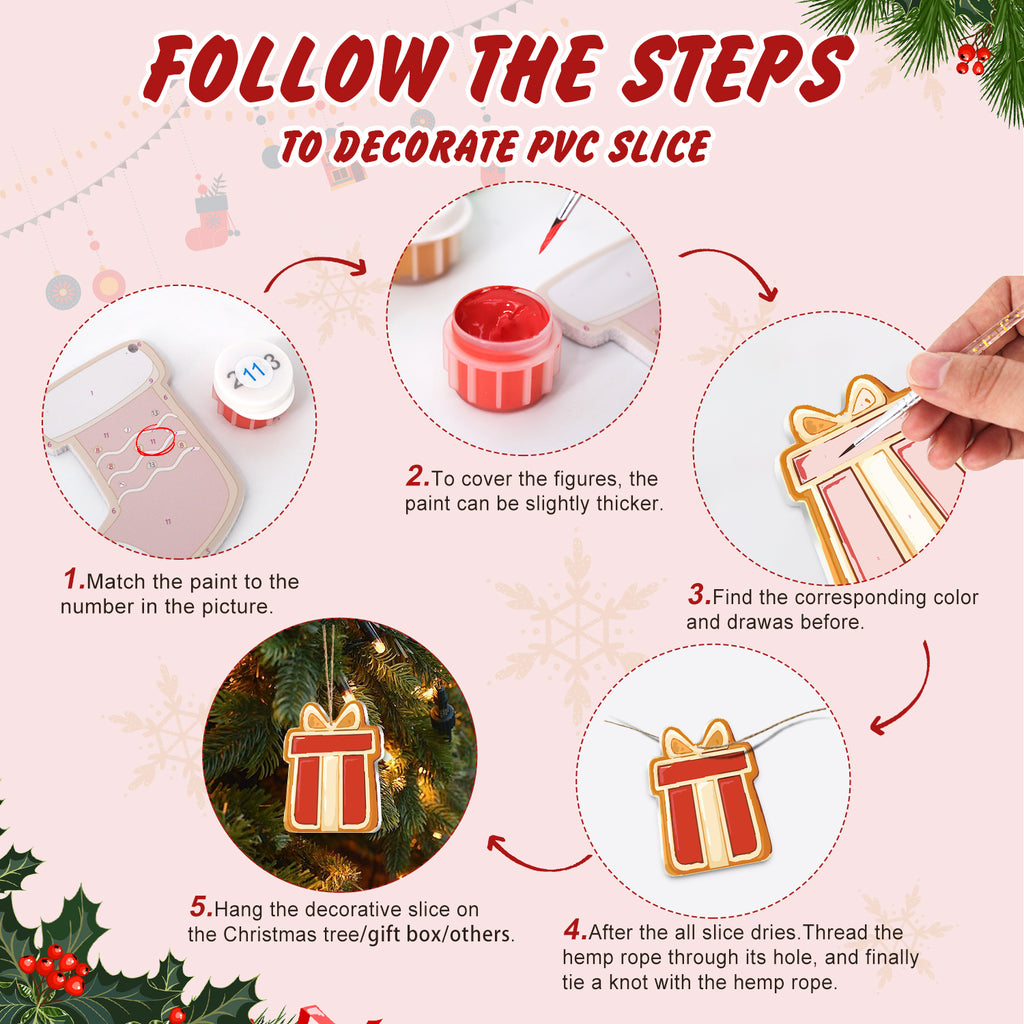 Step-by-step guide on how to decorate a PVC slice with Christmas-themed decorations.