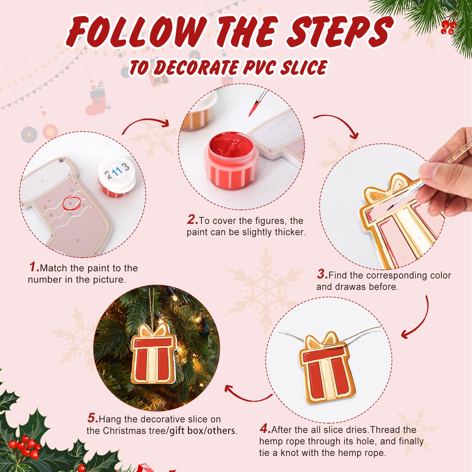 Schritt-für-Schritt-Anleitung zum Verzieren einer PVC-Scheibe mit Weihnachtsdekorationen.
