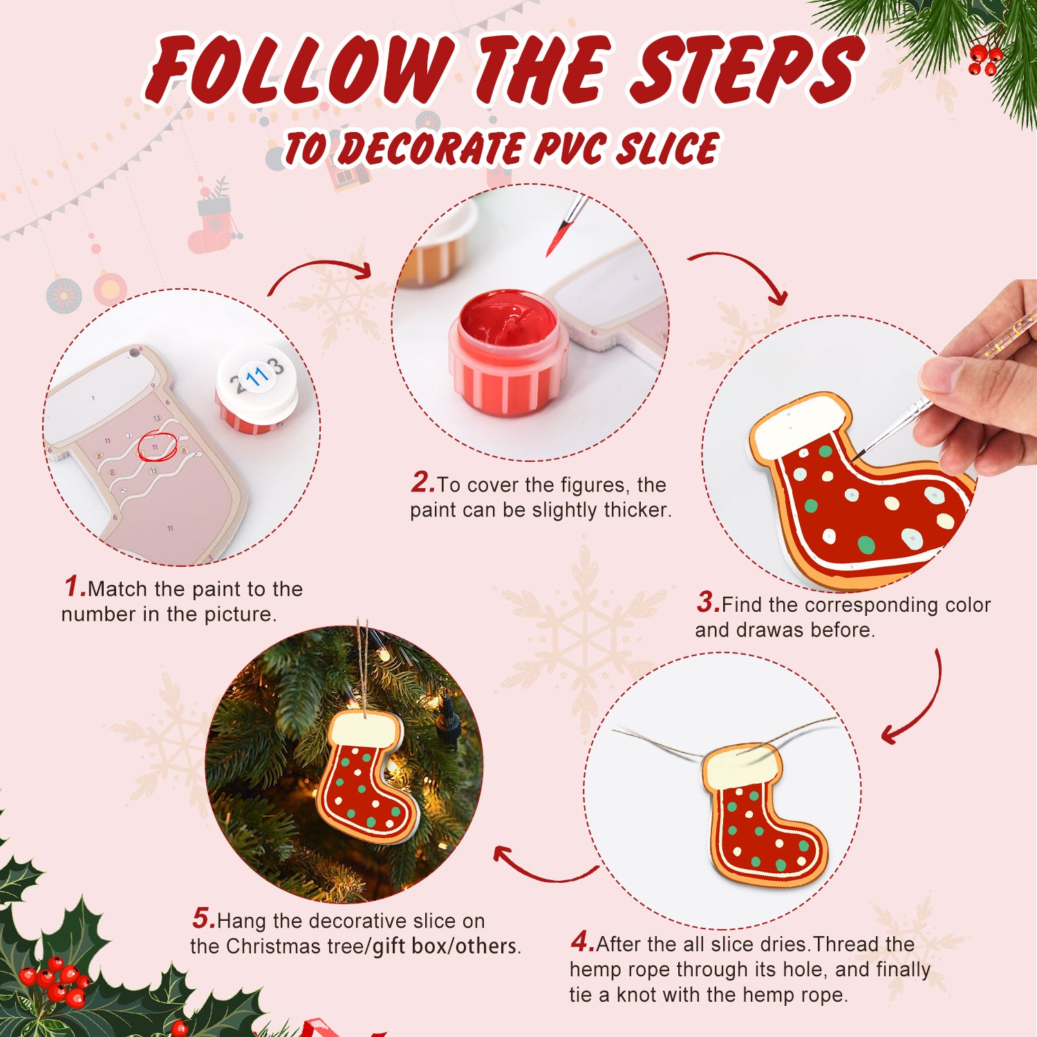 Step-by-step guide on how to decorate a PVC slice with Christmas-themed decorations.
