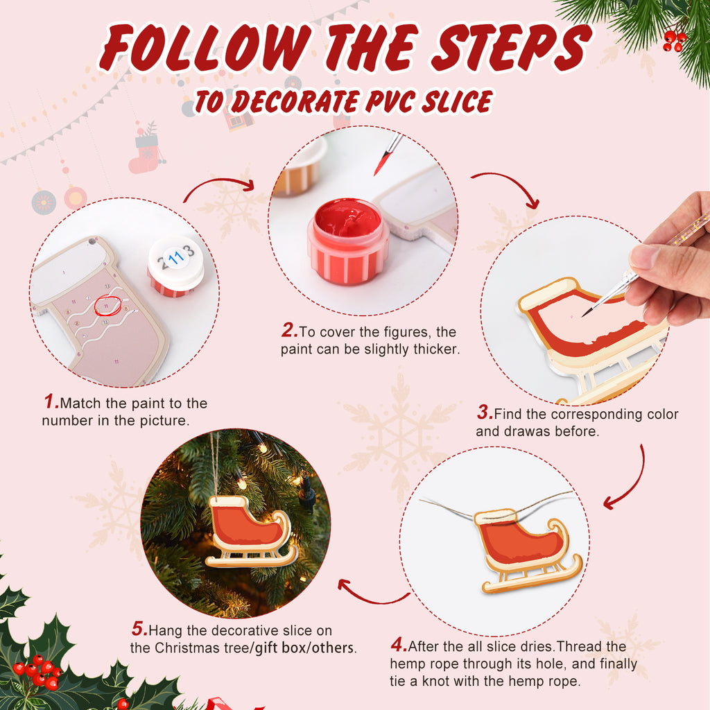 Step-by-step guide on how to decorate a PVC slice with Christmas-themed instructions.