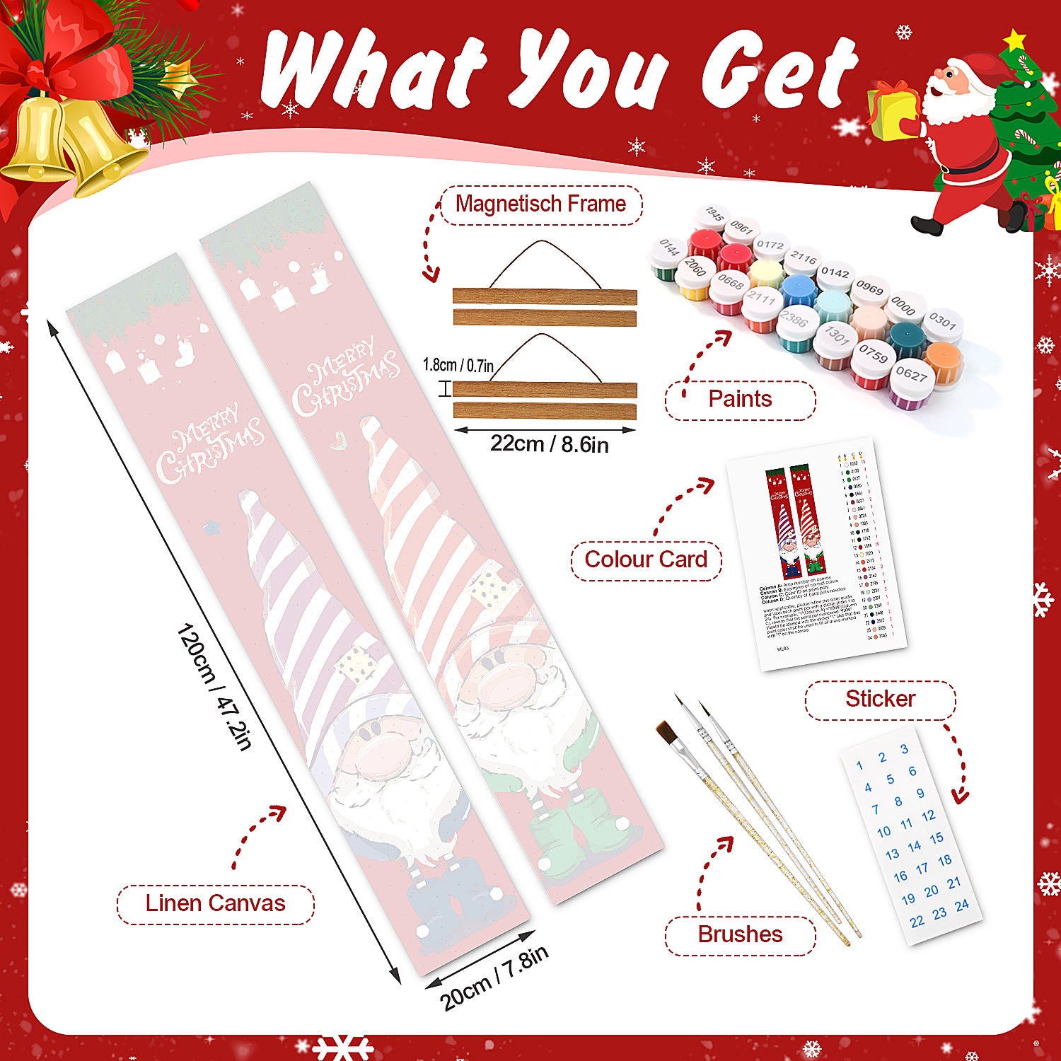 Christmas-themed product set with stencils, paints, brushes, and other materials on a festive background.