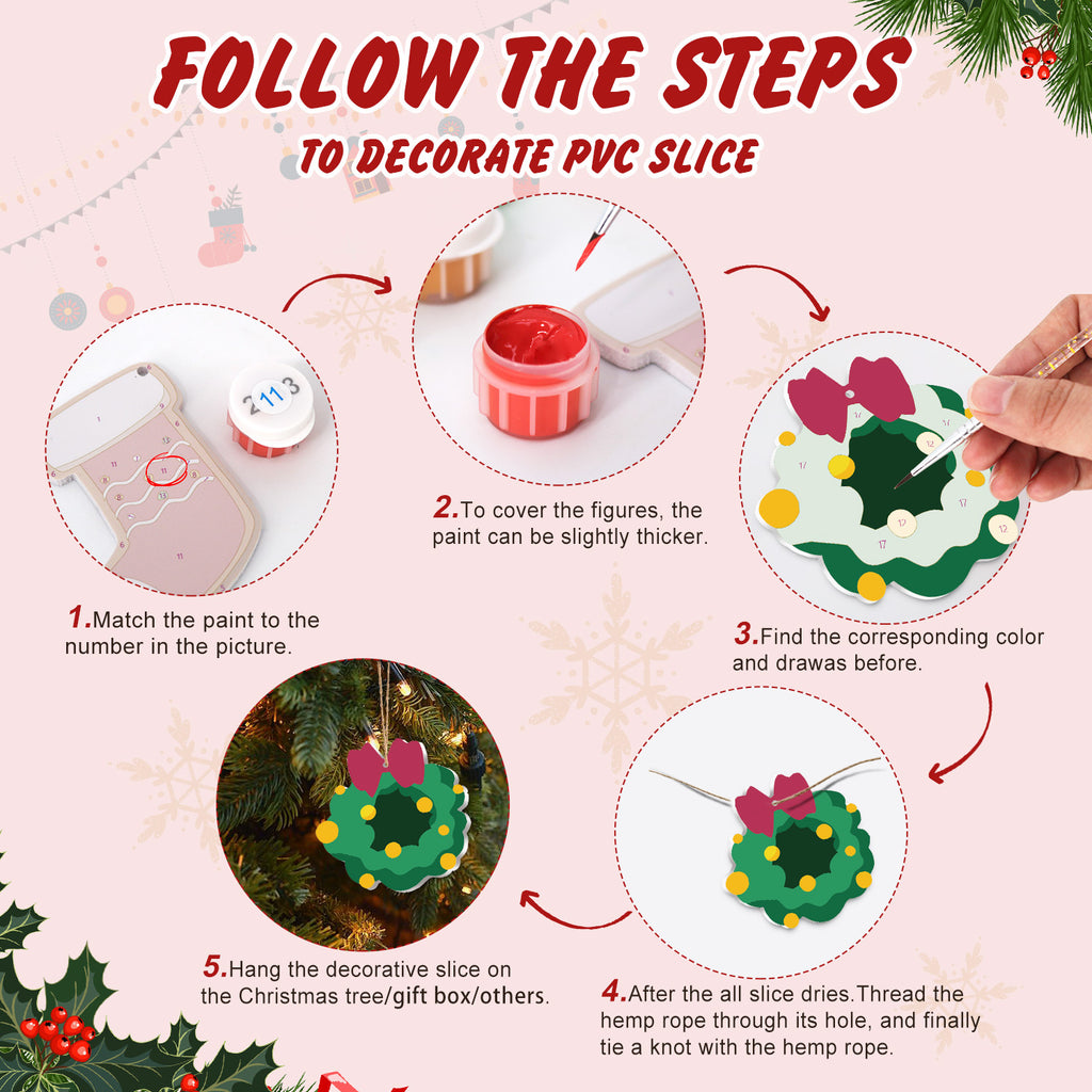 Step-by-step guide on decorating a PVC slice with Christmas-themed decorations.