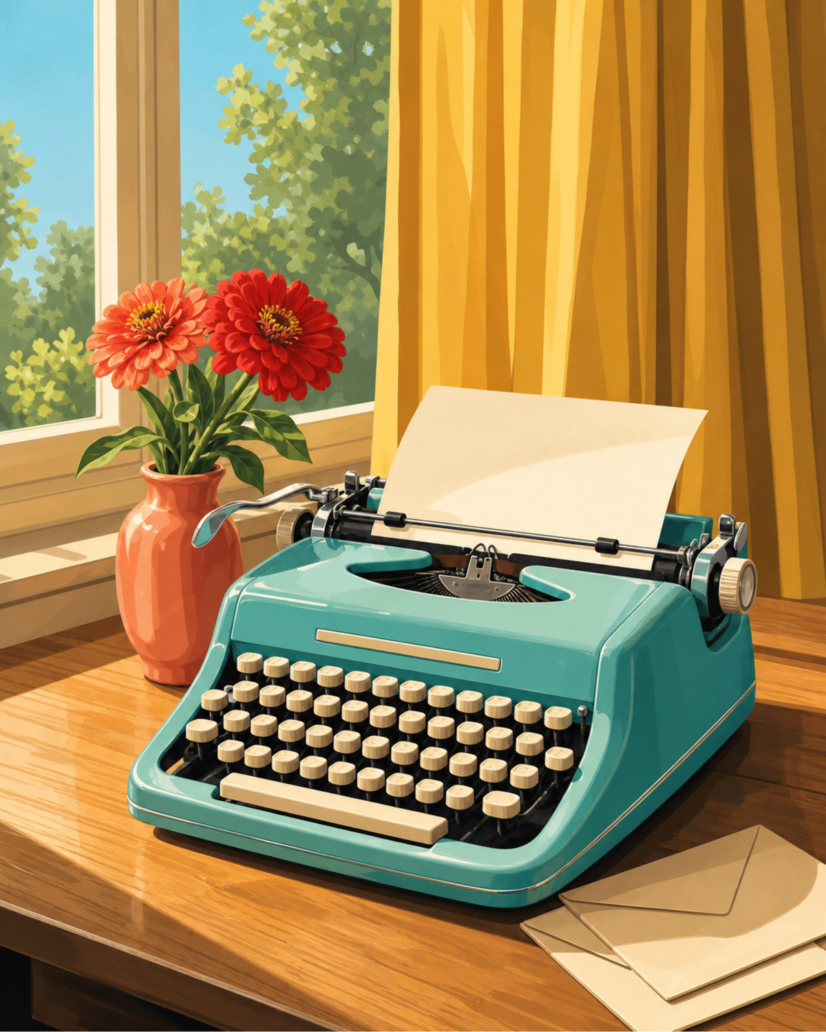 Una máquina de escribir turquesa con papel y sobres junto a flores rojas y cortinas doradas.