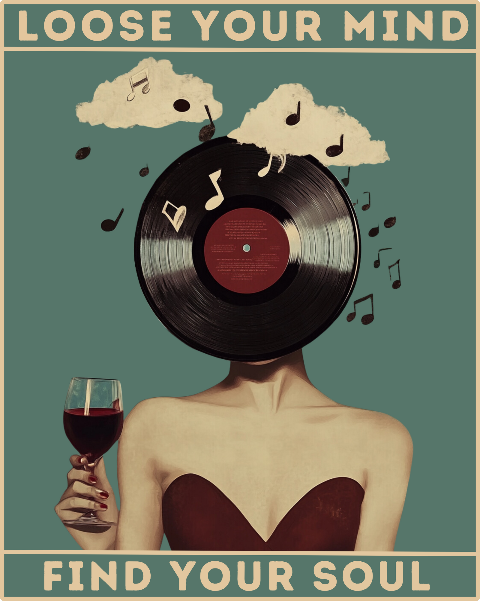 Una imagen de kit de pintura por números que presenta una figura con un disco de vinilo por cabeza, rodeada de notas musicales, con el texto "SUELTA TU MENTE ENCUENTRA TU ALMA" en la parte superior.