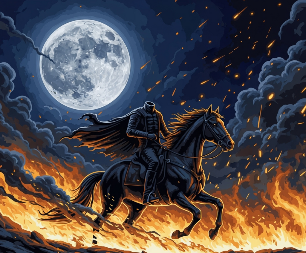 Man on horseback with a cape against a fiery background and full moon
