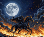 Man on horseback with a cape against a fiery background and full moon