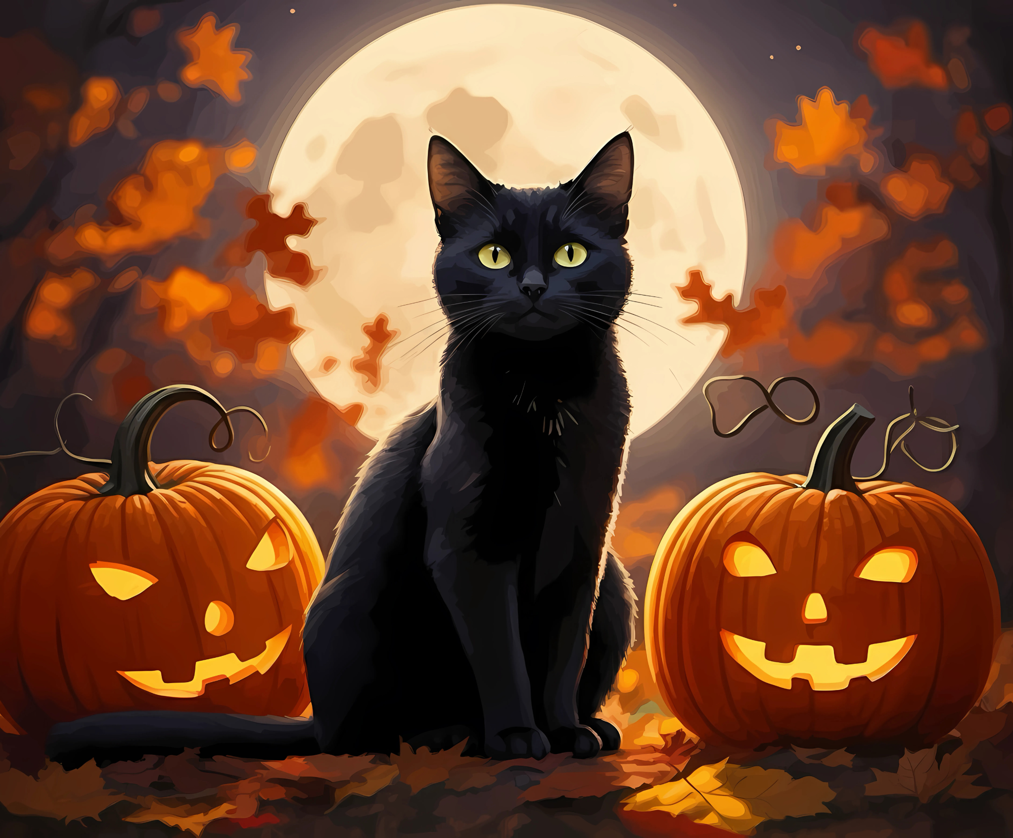 Black cat sitting between two carved pumpkins with a full moon and autumn leaves in the background