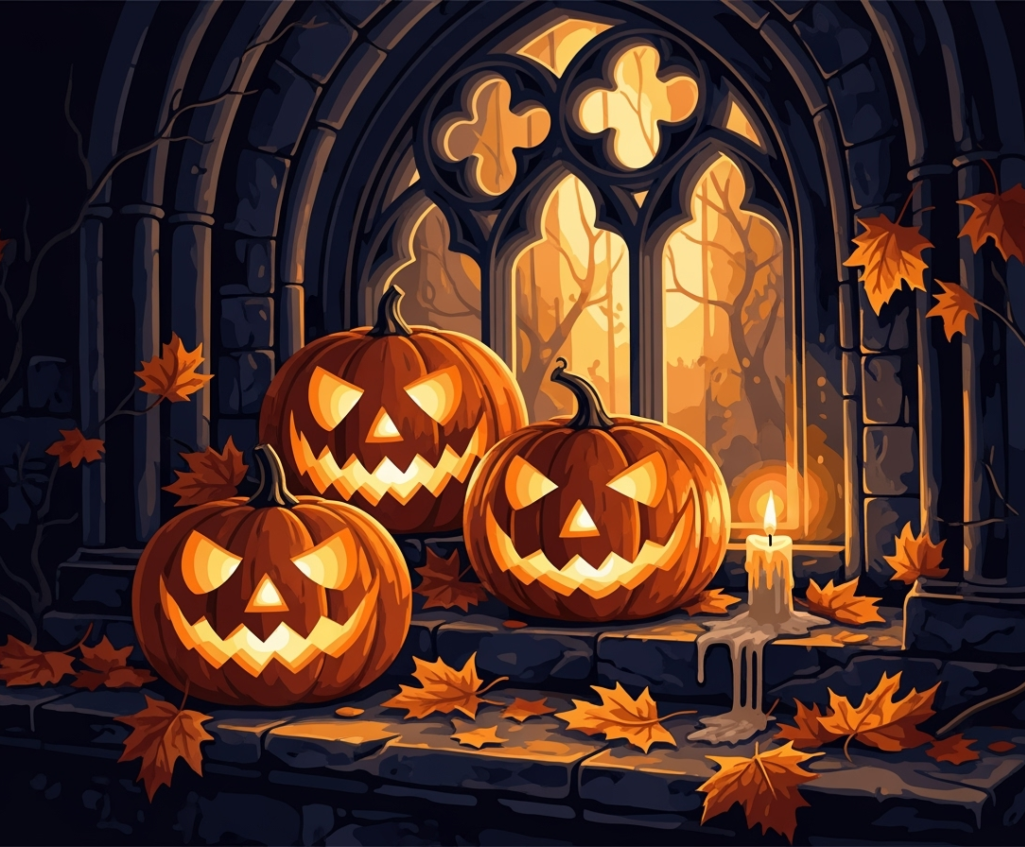 Three carved pumpkins with glowing lights in front of a gothic window with stained glass.