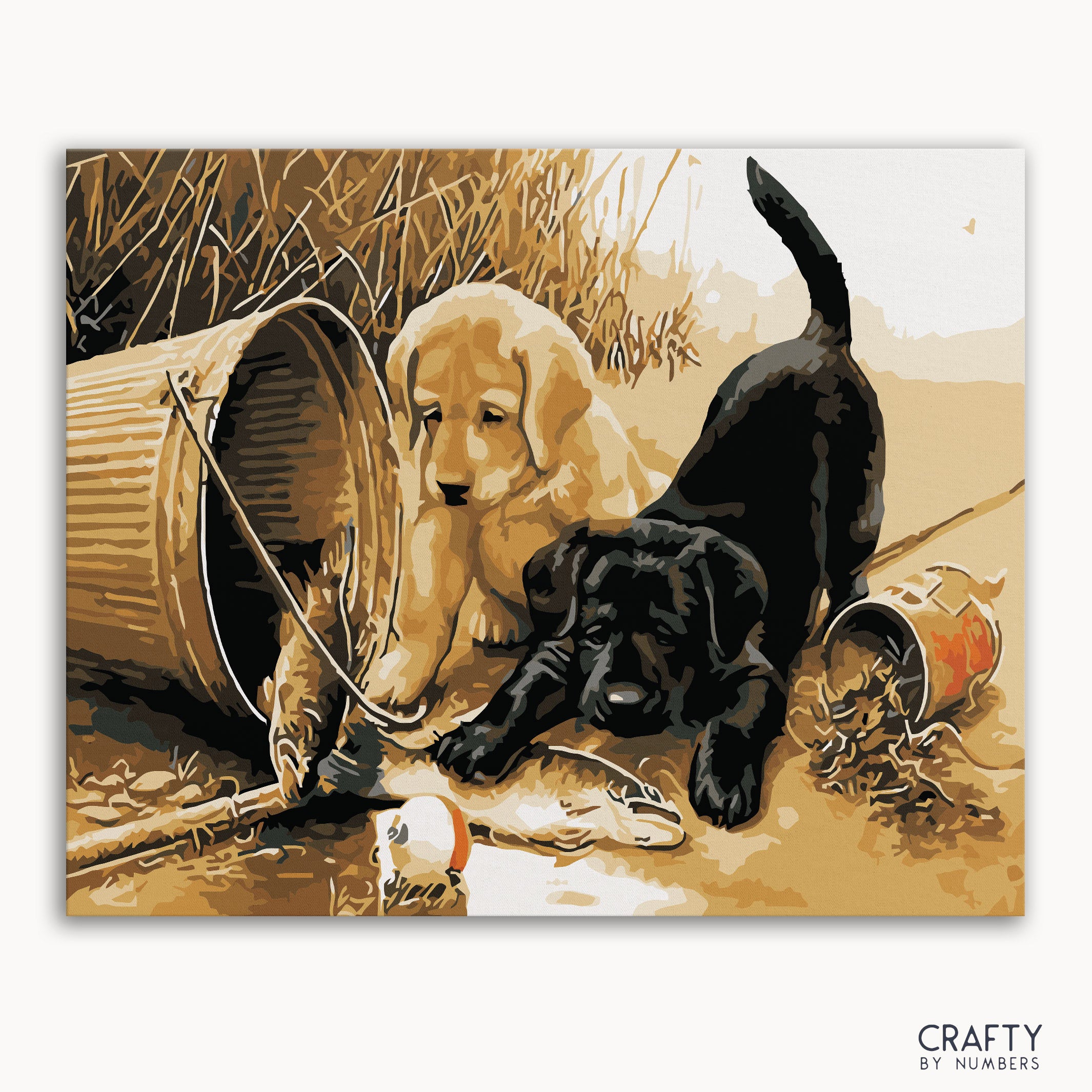 A paint-by-numbers kit depicting two puppies playing with a bucket and a mouse, with a sepia tone dominant in the image.